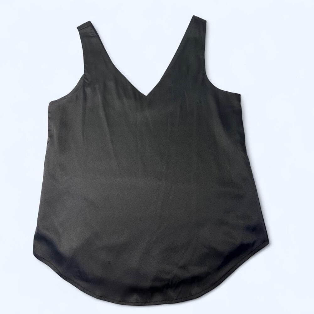 Jet Black Double V-Neck Fluid Glossy Satin Tank Camisole Top Size S